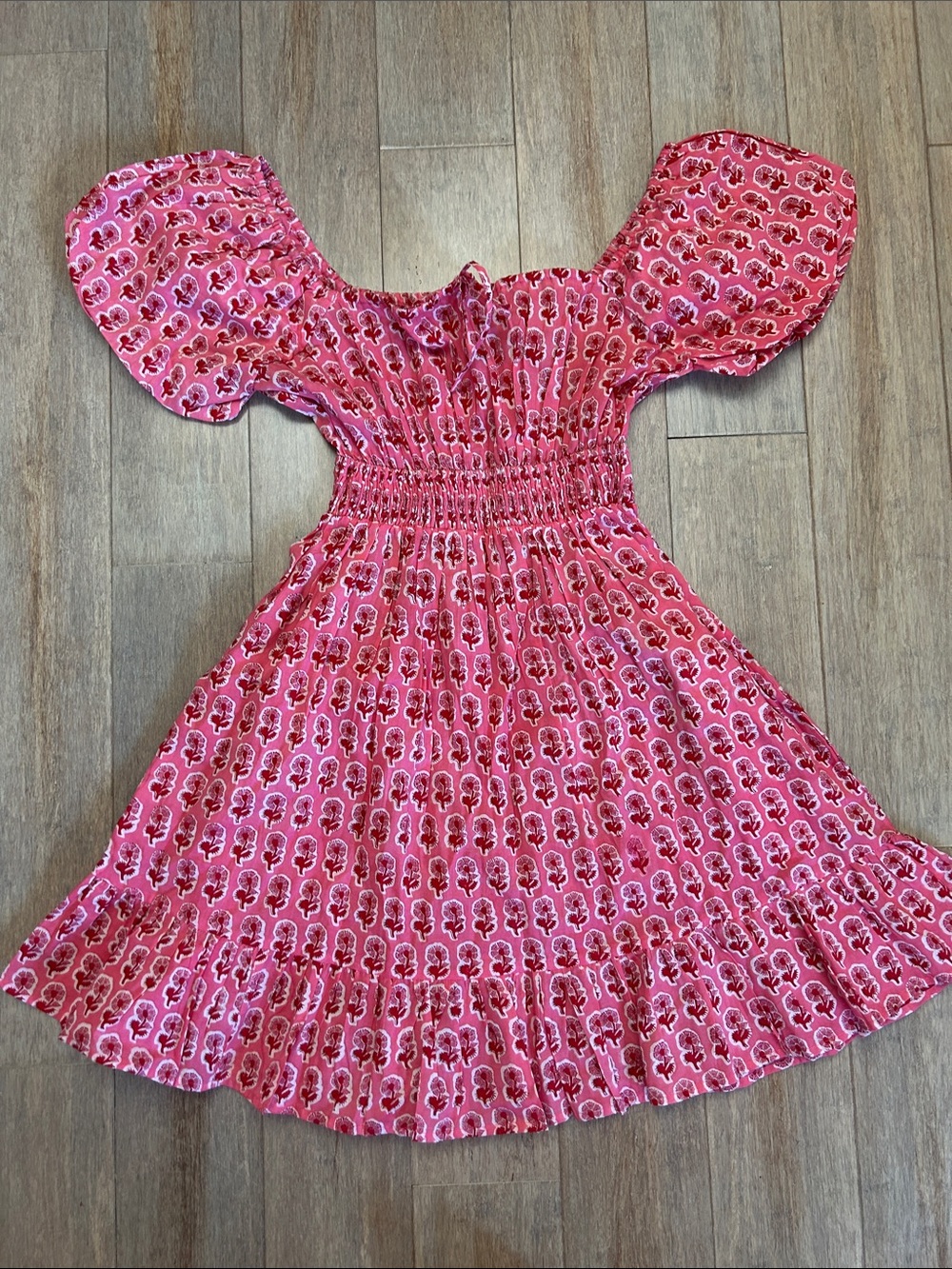 Pink City Prints Cotton Evelyn Mini Floral Puff-Sleeve Smocked Dress